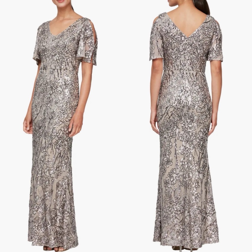 Alex Evenings Mink Sequin Lace Cold Shoulder Trumpet Evening Gown, 8 Petite